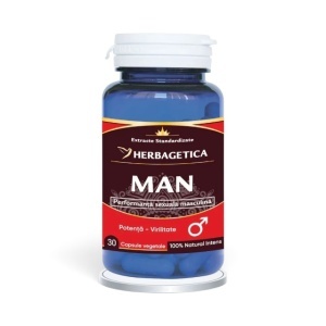 Man, supliment alimentar destinat susținerii vitalității masculine, energiei, libidoului și performanței fizice, 30 capsule vegetale, Herbagetica