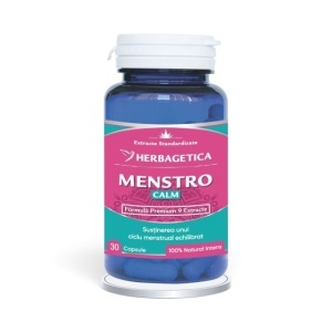 Menstro Calm, supliment alimentar destinat susținerii confortului feminin, echilibrului hormonal și stării de bine în perioada ciclului menstrual, 30 capsule, Herbagetica