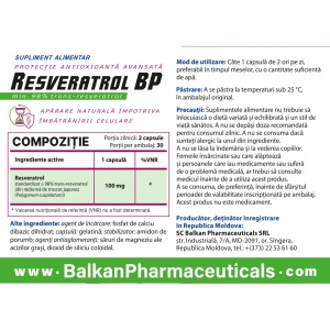 Resveratrol, supliment alimentar destinat susținerii sănătății cardiovasculare, protecției celulare și funcției cognitive, 60 capsule, Balkan Pharmaceuticals - Img 2