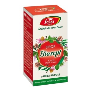 Sirop Biosept A13, pentru răceală, viroze respiratorii și susținerea imunității, cu miere și propolis, 100 ml, Fares