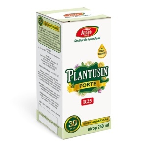 Sirop Plantusin Forte R25, pentru tuse uscată și productivă și calmarea gâtului iritat, cu extracte din plante și uleiuri esențiale, 250 ml, Fares