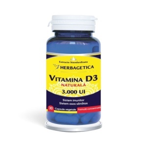 Vitamina D3 Naturală 3000 UI, supliment alimentar destinat susținerii imunității, sănătății oaselor, dinților și funcției musculare, 30 capsule vegetale, Herbagetica