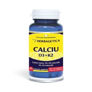 Calciu + D3 + K2, supliment alimentar destinat susținerii sănătății oaselor, dinților și mușchilor, 60 capsule, Herbagetica