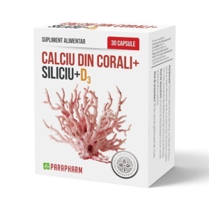 Calciu din Corali + Siliciu + Vitamina D3, cu magneziu și microelemente, susține oasele, părul și unghiile, 30 capsule, Parapharm