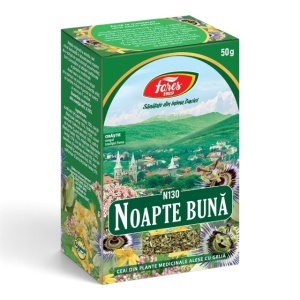 Ceai Noapte Bună N130, ajută la instalarea unui somn natural și odihnitor și contribuie la reducerea agitației și relaxare, 50 g, Fares