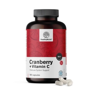 Cranberry + Vitamin C, supliment alimentar destinat susținerii imunității și stării generale de bine, cu extract de merișoare și vitamina C, 180 capsule, HealthyWorld - Img 2