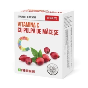 Vitamina C 180 mg cu pulpă de măceșe, susține imunitatea, ajută la reducerea oboselii și protecția antioxidantă, 30 tablete pentru supt, Parapharm