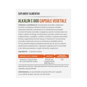 Alkalin C 600 mg, Vitamina C alcalină, susține imunitatea, ajută la reducerea oboselii, 30 capsule vegetale, Parapharm - Img 2