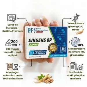 Ginseng BP, supliment alimentar destinat susținerii energiei, vitalității și rezistenței organismului, cu extract de Panax Ginseng, 200 mg, 30 capsule, Balkan Pharmaceuticals - Img 3
