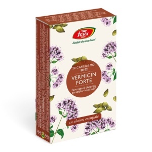 Vermicin Forte D102, capsule moi care ajută la eliminarea paraziților intestinali și reducerea disconfortului abdominal asociat, 20 capsule, Fares