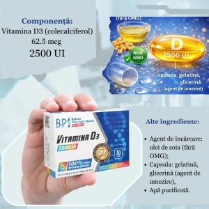 Vitamina D3, supliment alimentar destinat susținerii sănătății oaselor, dinților, mușchilor și sistemului imunitar, 2500 UI, 30 capsule, Balkan Pharmaceuticals - Img 4