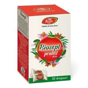 Biosept Protect A34, dropsuri care ajută la calmarea gâtului iritat, tusei iritative și susțin protecția cavității bucale, 20 dropsuri, Fares