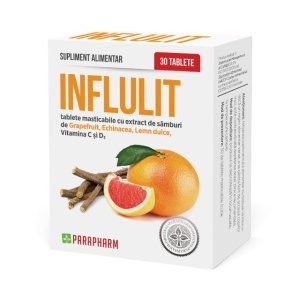 Influlit, cu vitaminele C, D3, echinacea și extract de sâmburi de grapefruit, susține imunitatea și rezistența organismului, 30 comprimate, Parapharm