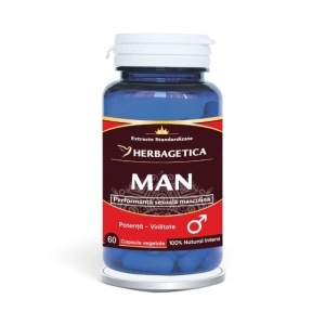 Man, supliment alimentar destinat susținerii vitalității masculine, energiei, libidoului și performanței fizice, 60 capsule vegetale, Herbagetica