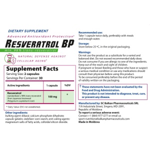 Resveratrol, supliment alimentar destinat susținerii sănătății cardiovasculare, protecției celulare și funcției cognitive, 60 capsule, Balkan Pharmaceuticals - Img 3