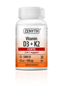 Vitamina D3 5000 UI + K2 Forte, cu K2-MK7 100 mcg, susține sănătatea oaselor și imunitatea, contribuie la funcționarea normală a mușchilor, 30 capsule, Zenyth