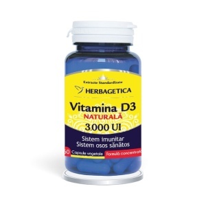 Vitamina D3 Naturală 3000 UI, supliment alimentar destinat susținerii imunității, sănătății oaselor, dinților și funcției musculare, 60 capsule vegetale, Herbagetica