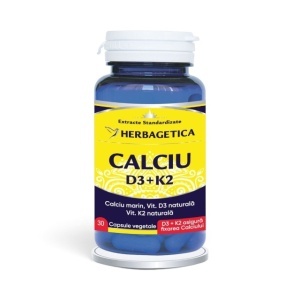 Calciu + D3 + K2, supliment alimentar destinat susținerii sănătății oaselor, dinților și mușchilor, 30 capsule, Herbagetica