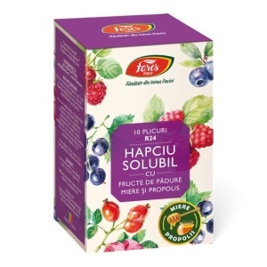 Hapciu solubil cu fructe de pădure R24, plicuri care ajută la reducerea simptomelor de răceală și gripă și susțin imunitatea, 10 plicuri, Fares