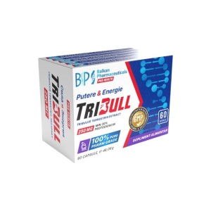 TriBull, supliment alimentar destinat susținerii vitalității și performanței masculine, cu extract de Tribulus terrestris, 250 mg, 60 capsule, Balkan Pharmaceuticals