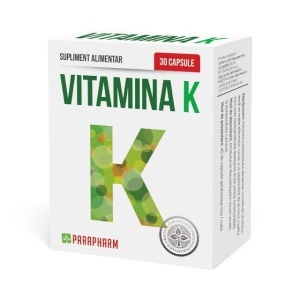 Vitamina K 100 µg, fitomenadionă, contribuie la coagularea normală a sângelui, susține sănătatea oaselor, 30 capsule, Parapharm