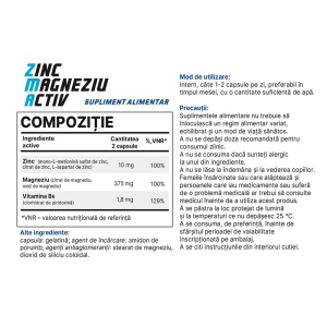 Zinc Magnesium Active, supliment alimentar destinat susținerii energiei, funcției musculare și sistemului nervos, cu zinc, magneziu și vitamina B6, 60 capsule, Balkan Pharmaceuticals - Img 3