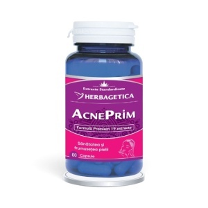 AcnePrim, supliment alimentar destinat susținerii pielii cu tendință acneică, echilibrului secreției de sebum și menținerii sănătății pielii, 60 capsule, Herbagetica