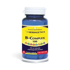 B-Complex 100, supliment alimentar destinat susținerii energiei, sistemului nervos și reducerii oboselii, 60 capsule, Herbagetica