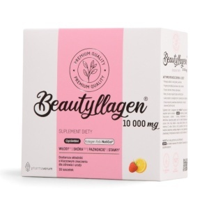 Beautyllagen® Colagen Marin 10.000 mg, cu Acid Hialuronic și Biotină, susține fermitatea pielii, părul și unghiile, zmeură și lămâie, 30 plicuri, Pharmaverum