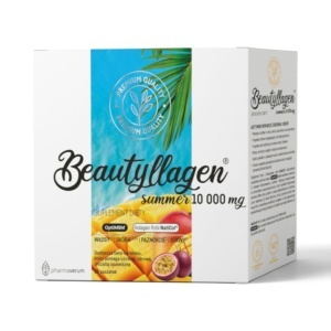 Beautyllagen® Summer, Colagen Marin 10.000 mg cu Acid Hialuronic și Biotină, susține fermitatea pielii, părul și unghiile, mango și fructul pasiunii, 30 plicuri, Pharmaverum