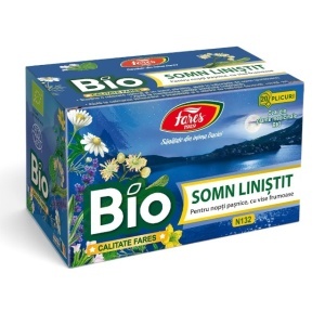 Ceai Bio Somn liniștit, ajută la relaxare și reducerea tensiunii psihice, susține starea de liniște înainte de somn, 20 plicuri, Fares
