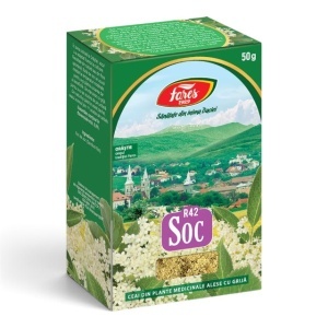 Ceai flori de Soc R42, susține sănătatea căilor respiratorii, contribuie la eliminarea lichidelor din organism, 50 g, Fares