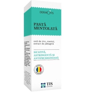 DermoTis Pastă Mentolată cu Oxid de Zinc și Pătlagină, ajută la calmarea mâncărimii, roșeții și iritației pielii, 50 ml, Tis Farmaceutic