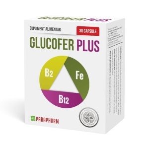 Glucofer Plus, cu fier, vitamina C, acid folic și B12, susține formarea globulelor roșii, ajută la reducerea oboselii, 30 capsule, Parapharm
