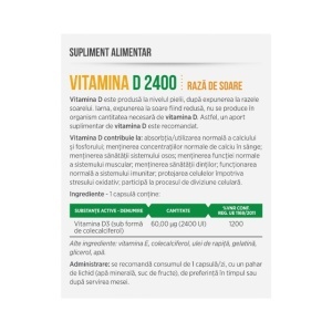 Vitamina D3 2400 UI, susține imunitatea, sănătatea oaselor și funcționarea normală a mușchilor, 30 capsule, Parapharm - Img 2