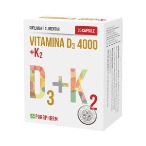 Vitamina D3 4000 IU + K2 150 µg, susține sănătatea oaselor, imunitatea și funcționarea normală a mușchilor, 30 capsule vegetale, Parapharm
