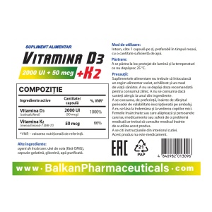 Vitamina D3 + K2, supliment alimentar destinat susținerii sănătății oaselor, dinților, mușchilor și sistemului imunitar, 2000 UI + 50 mcg, 30 capsule, Balkan Pharmaceuticals - Img 2