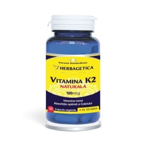 Vitamina K2 Naturală, supliment alimentar destinat susținerii sănătății oaselor, dinților și echilibrului calciului în organism, 30 capsule vegetale, Herbagetica