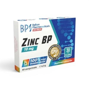 Zinc BP, supliment alimentar destinat susținerii imunității, sănătății pielii, părului și unghiilor și funcționării normale a organismului, 10 mg, 40 comprimate, Balkan Pharmaceuticals