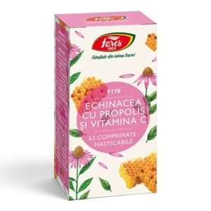 Echinacea cu Propolis și Vitamina C F170, comprimate masticabile pentru imunitate și gât iritat, 63 comprimate, Fares