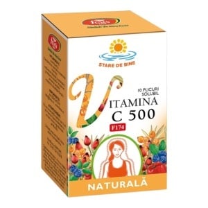 Vitamina C 500 naturală solubilă F174, plicuri pentru imunitate și reducerea oboselii, cu acerola, cătină și măceșe, 10 plicuri, Fares