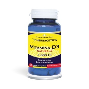Vitamina D3 Naturală 5000 UI, supliment alimentar destinat susținerii imunității, sănătății oaselor, dinților și funcției musculare, 60 capsule vegetale, Herbagetica