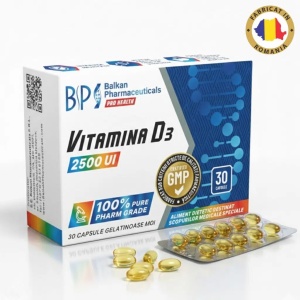 Vitamina D3, supliment alimentar destinat susținerii sănătății oaselor, dinților, mușchilor și sistemului imunitar, 2500 UI, 30 capsule, Balkan Pharmaceuticals - Img 2