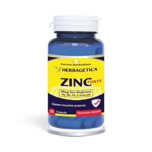 Zinc Forte, supliment alimentar destinat susținerii imunității, sănătății pielii, părului, unghiilor și vitalității organismului, cu zinc bisglicinat, vitamina B6, acerola și măceș, 30 capsule, Herbagetica