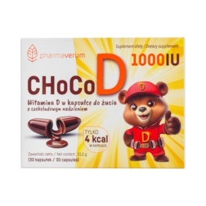 ChocoD Vitamina D3 1000 UI, capsule masticabile cu ciocolată, susține sănătatea oaselor, dinților și imunitatea, 30 capsule, Pharmaverum