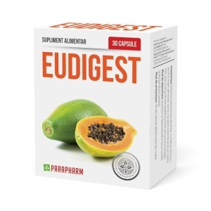 Eudigest, cu papaya și chimen, susține digestia, ajută la reducerea balonării și gazelor intestinale, 30 capsule, Parapharm