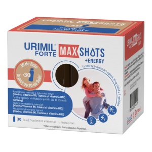 Pachet Urimil Forte Max Shots +Energy, susține energia și vitalitatea, ajută la reducerea oboselii în perioade solicitante, 30 fiole, Naturpharma