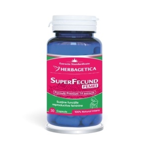 SuperFecund Femei, supliment alimentar destinat susținerii echilibrului hormonal, fertilității și sănătății aparatului reproducător feminin, 30 capsule, Herbagetica