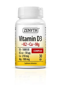 Vitamina D3 + K2 + Ca + Mg Complex, susține sănătatea oaselor și dinților, contribuie la funcționarea normală a mușchilor, 30 capsule, Zenyth