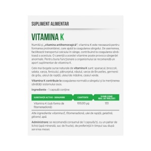 Vitamina K 100 µg, fitomenadionă, contribuie la coagularea normală a sângelui, susține sănătatea oaselor, 30 capsule, Parapharm - Img 2